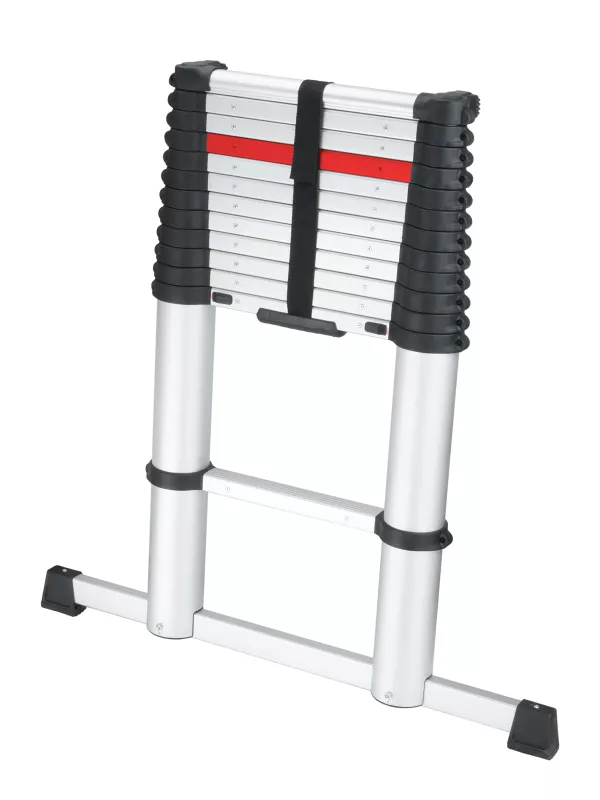 Telescopic ladder folded into compact position with safety straps
